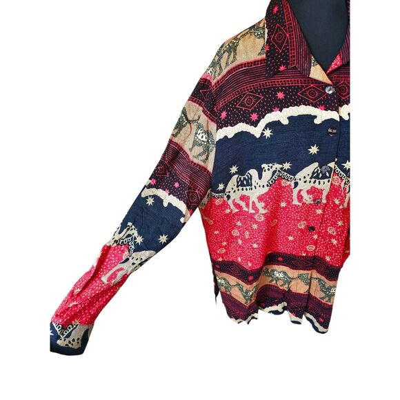 Vintage Boho Chic Camel Print Button-Up Shirt Sz 12 By S.L. Fashions Relaxed Fit - Picture 12 of 12